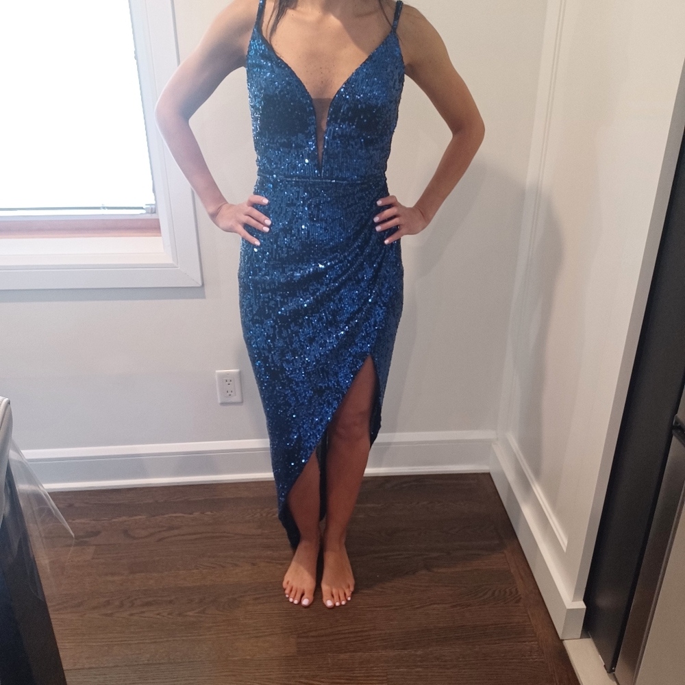 Nicole Bakti Blue Asymmetrical Sequins Dress (Size 2)